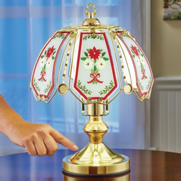 VINTAGE POINSETTIA & RIBBONS HOLLY GARLAND GLASS PANEL TOUCH LAMP NIB - Picture 1 of 5